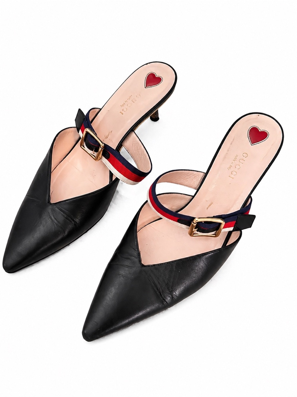 Gucci Black Leather Pointed Mules with Red and Blue Web Strap